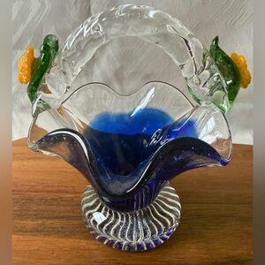 Vintage Blue and Yellow Glass Art Basket Trinket Candy Dish Decor